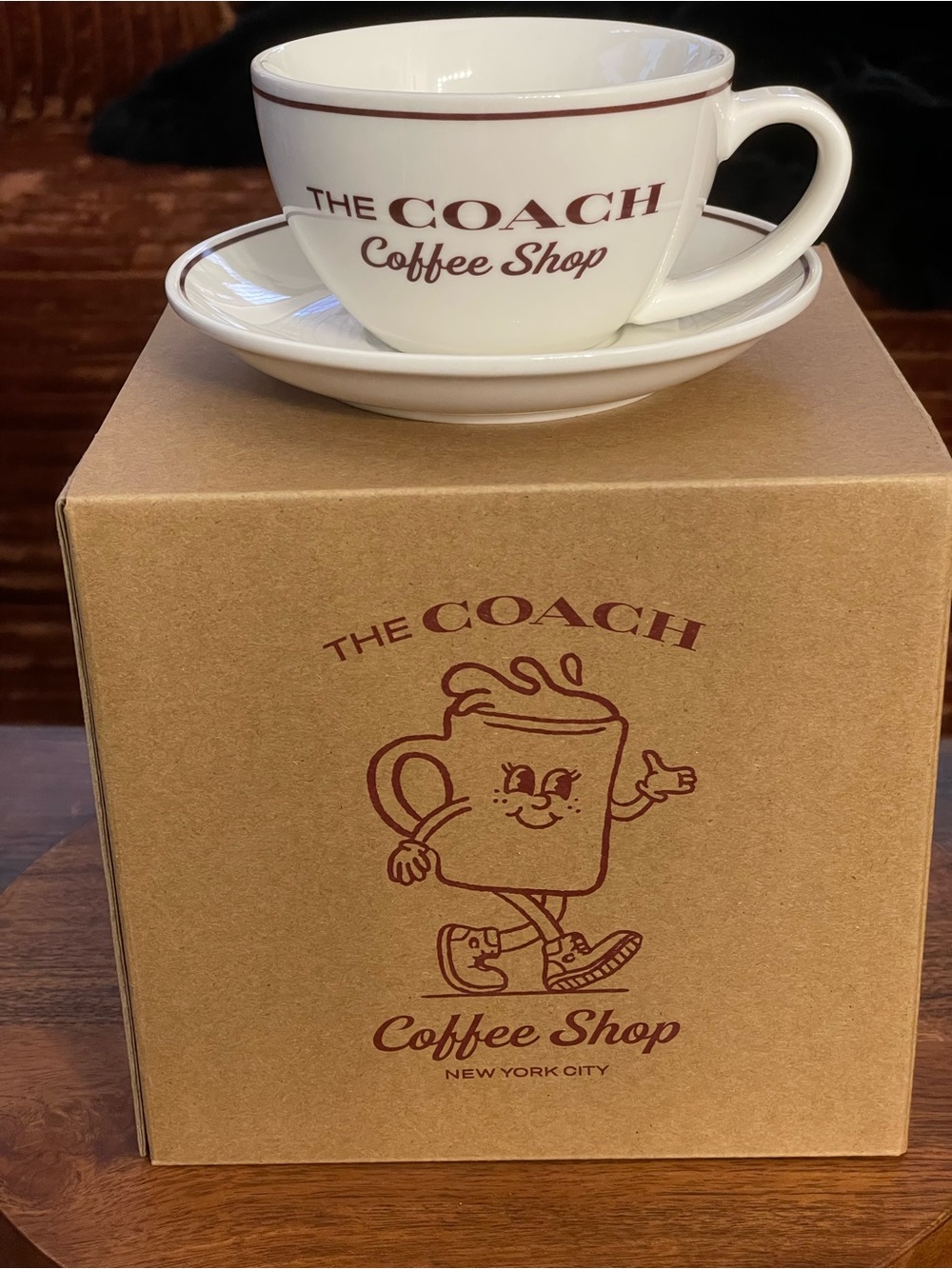Coach White and Brown Coffee Cup & Saucer - The Coach Coffee Shop